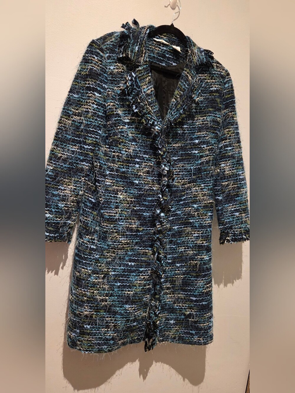 Laura Ashley Teal and Navy Bouclé Frayed-Trim Blazer Coat